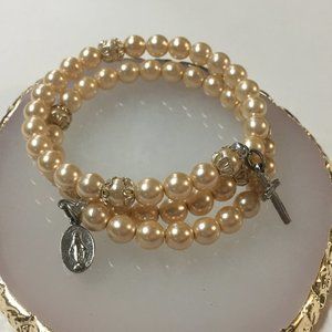 Vintage faux pearl stacking bracelet coiled wire with Miraculous Medal & cross